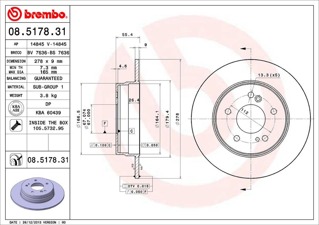 Mercedes Brembo Disc Brake Rotor - Rear (278mm) 2034230112